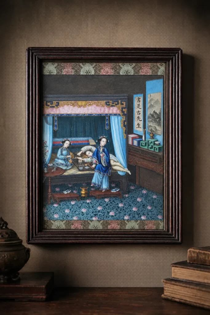 Peinture chinoise du 19ème siècle. trois jeunes femmes dans un intérieur raffiné entourées d'objets en porcelaine, jade et bronzes