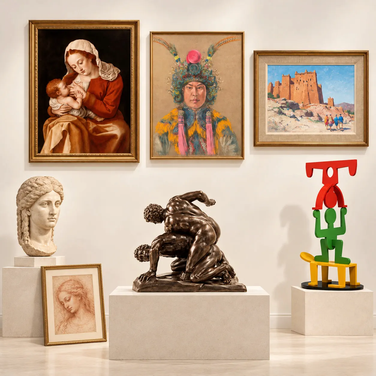 Ensemble de tableaux anciens et modernes, Vierge à l'Enfant, portrait, paysage, dessin de femme, buste sculpté, bronze figuratif et sculpture contemporaine.