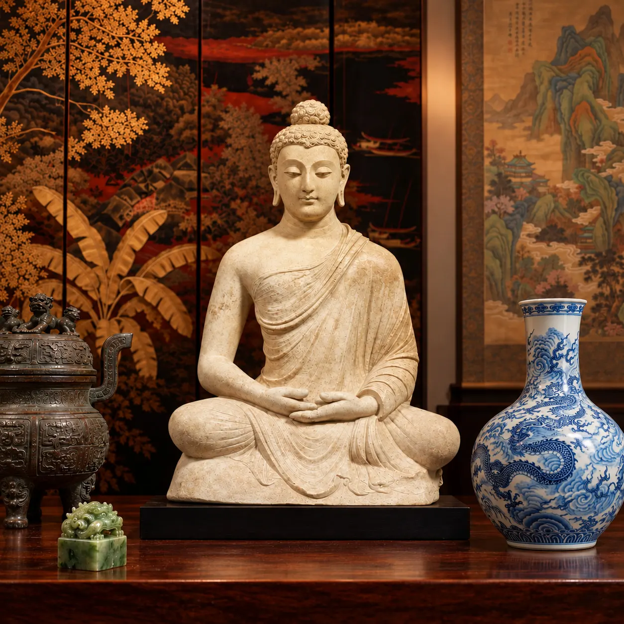 Statue de Bouddha assis en méditation, vase chinois dynastie Qing époque Qianlong en porcelaine bleu et blanc à décor de dragons, vase couvert asiatique en bronze, cachet en jade, peinture chinoise en rouleau et paravent en laque du Vietnam. .