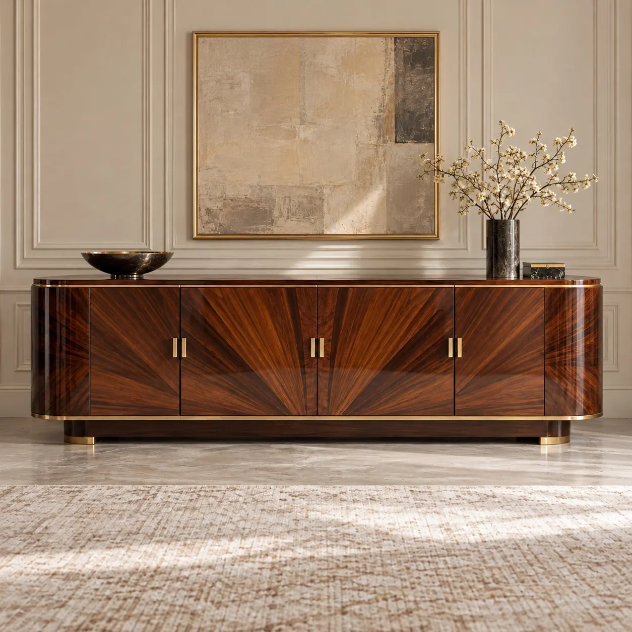 Buffet de style Art déco en bois de placage à décor rayonnant, aux formes arrondies et bronzes dorés, présenté dans un intérieur élégant.