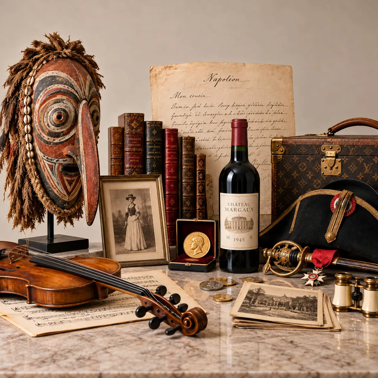 Collection d'objets anciens : masque africain ou océanien, livres anciens, manuscrit, médaille, violon, souvenirs militaires, photographies anciennes et bouteille de vin.