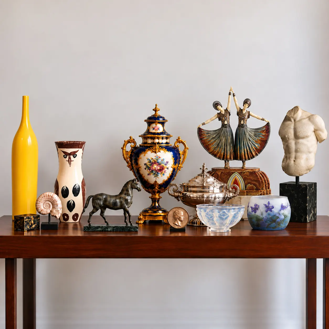 Collection d'objets d'art et de décoration : porcelaines, céramiques XXe, vase décoratif, verrerie daum, bronze animalier, argenterie, sculptures, chryséléphantines, sculptures, marbre, archéologie.