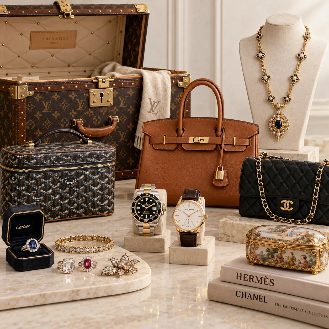 Objets de luxe et bijoux anciens : malle Louis Vuitton, sacs de style Hermès et Chanel, boîte Goyard, montres de prestige, Rolex, Patek Philippe, colliers, bagues et bracelets.