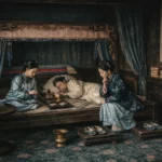 Objets chinois anciens dans un intérieur raffiné ou l'on fume l'opium