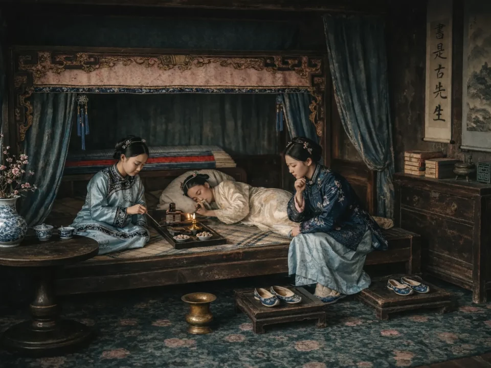 Objets chinois anciens dans un intérieur raffiné ou l'on fume l'opium